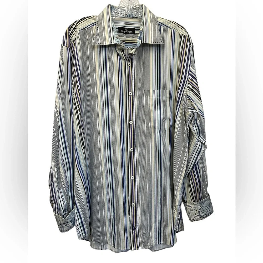 Bugatchi Uomo Multi-Colored Striped Paisley Flip Cuff Long Sleeve Button Down XL